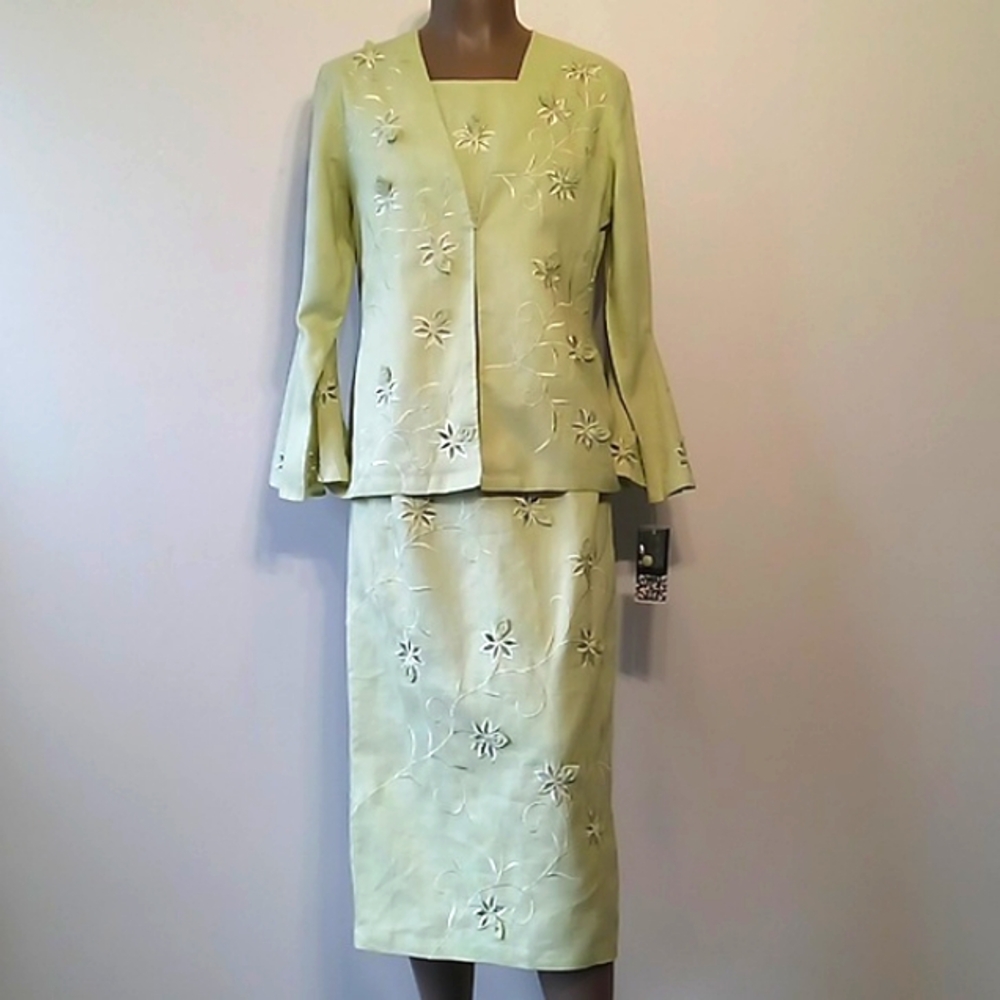 Rare Asymmetrical 3pc Bamboo Green dress suit set by Couture Inc
